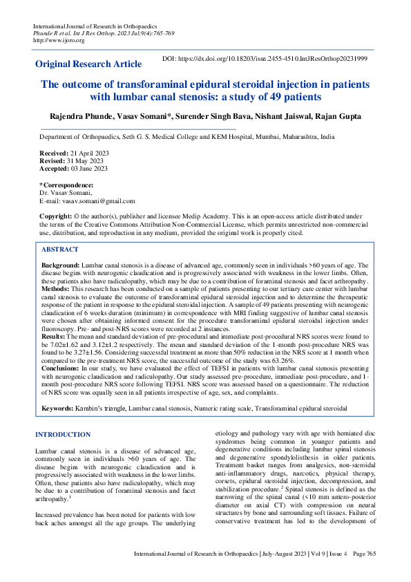 (PDF) The outcome of transforaminal epidural steroidal injection in ...