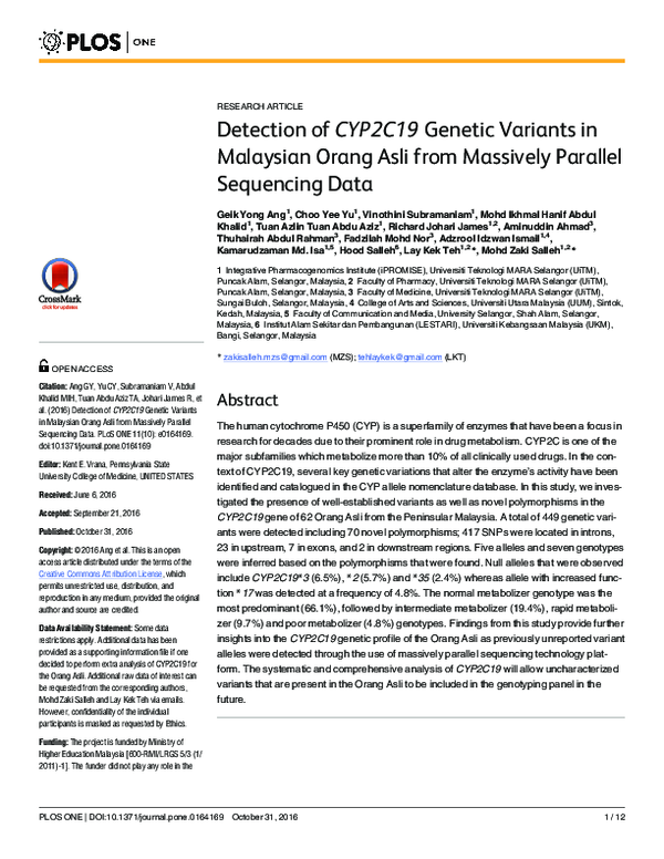 (PDF) Detection of CYP2C19 Genetic Variants in Malaysian Orang Asli ...