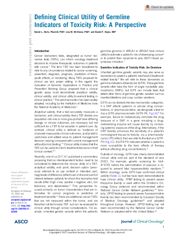 (PDF) Defining Clinical Utility of Germline Indicators of Toxicity Risk ...
