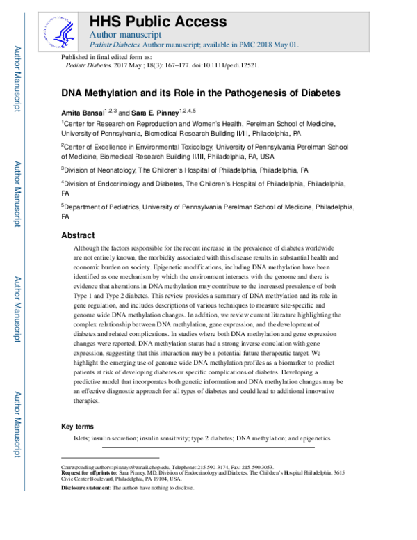 (PDF) DNA methylation and its role in the pathogenesis of diabetes