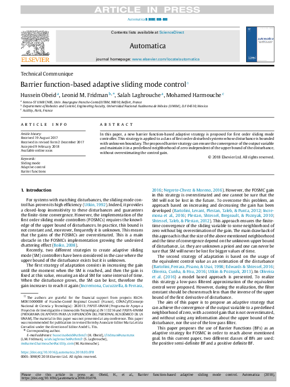 (PDF) Barrier function based adaptive sliding mode controller for the ...