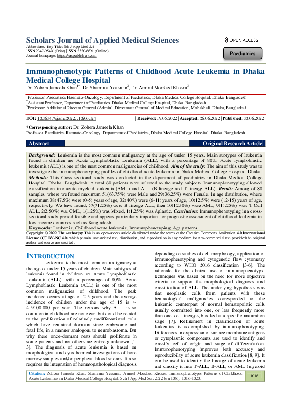 (PDF) Immunophenotypic Patterns of Childhood Acute Leukemia in Dhaka ...