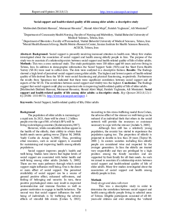 (PDF) Social support and health - related quality of life among older ...