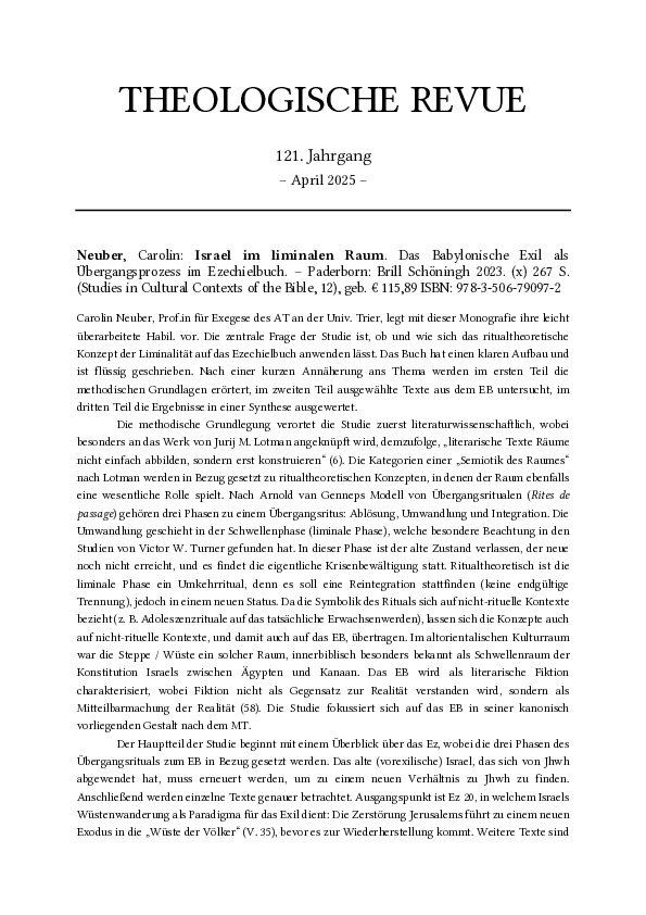 (PDF) Neuber, C., Israel im liminalen Raum. Das Babylonische Exil als ...