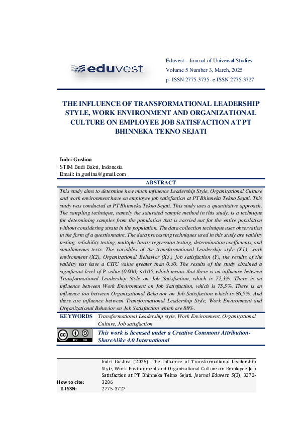 (PDF) The Influence of Transformational Leadership Style, Work ...