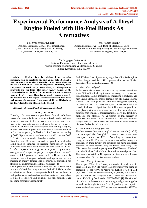 (PDF) Experimental Performance Analysis of A Diesel Engine Fueled with ...