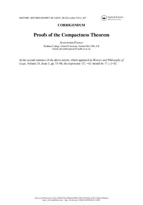 (PDF) Proofs of the Compactness Theorem