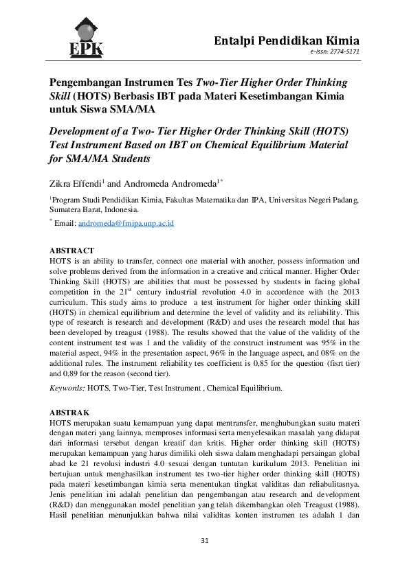 (PDF) Development of a Two- Tier Higher Order Thinking Skill (HOTS ...