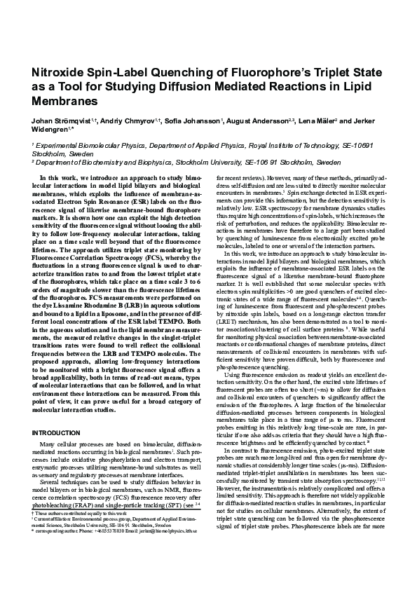 (PDF) Nitroxide Spin-Label Quenching of Fluorophore’s Triplet Stateas a ...