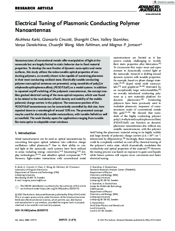 (PDF) Electrical Tuning of Plasmonic Conducting Polymer Nanoantennas