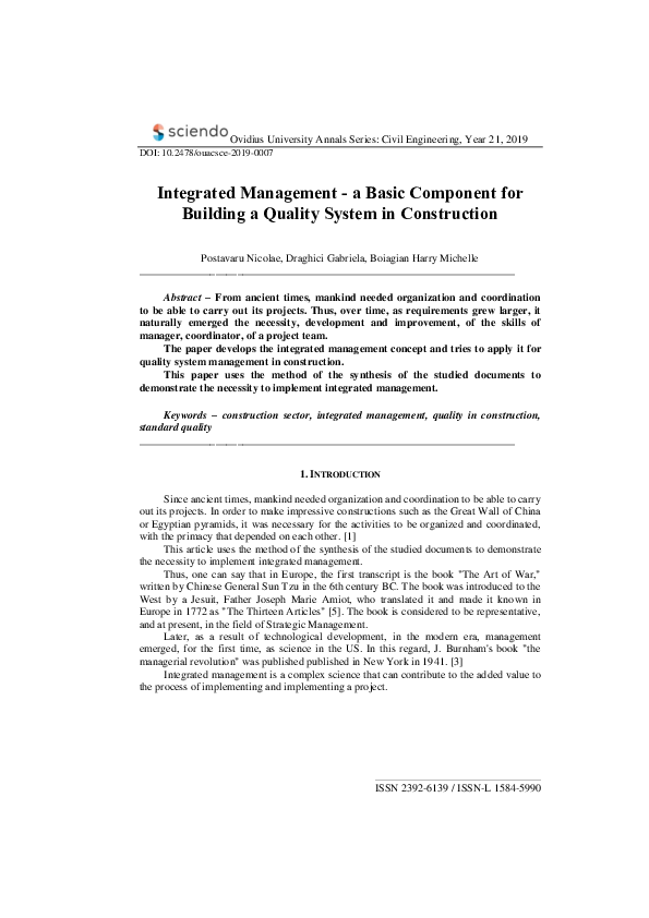 (PDF) Integrated Management - a Basic Component for Building a Quality ...