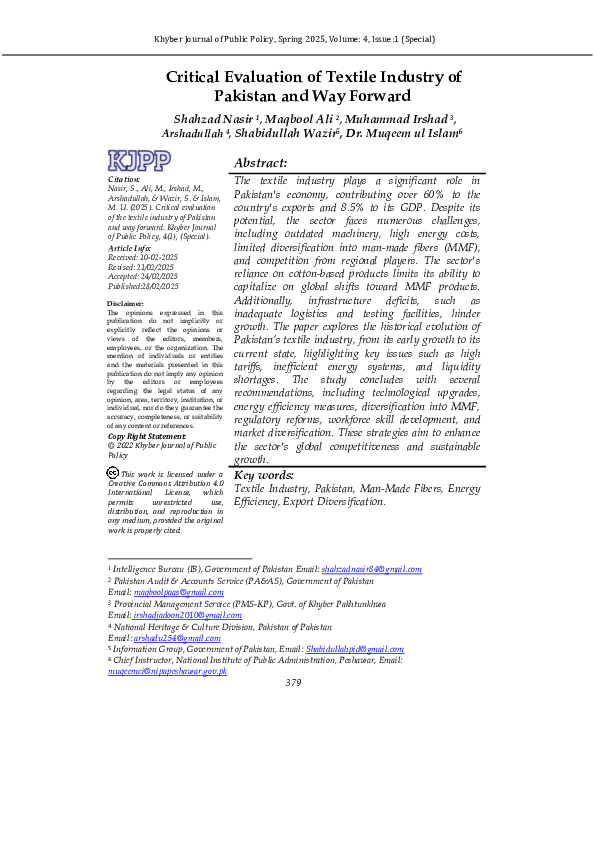 (PDF) Critical Evaluation of Textile Industry of Pakistan and Way Forward