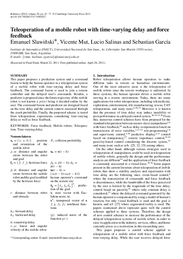 (PDF) Teleoperation of a mobile robot with time-varying delay and force ...