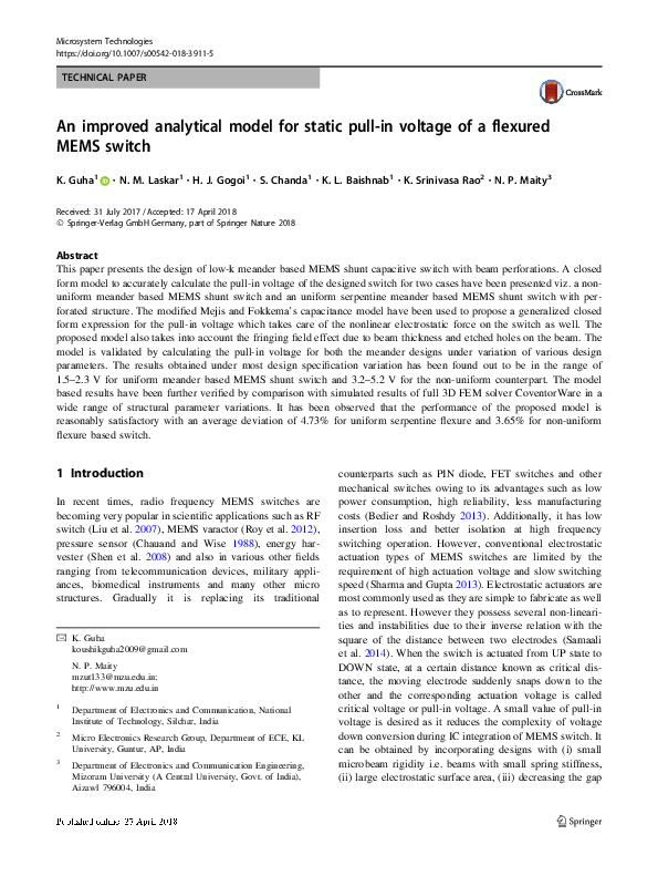 (PDF) An improved analytical model for static pull-in voltage of a ...