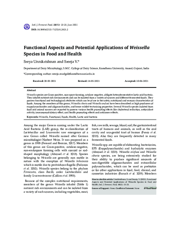 (PDF) Functional Aspects and Potential Applications of Weissella ...