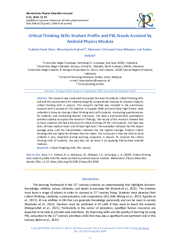 (PDF) Critical thinking skills student profile and PBL needs assisted ...