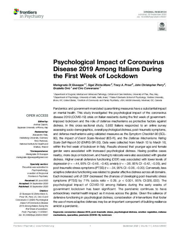 (PDF) Psychological Impact of Coronavirus Disease 2019 Among Italians ...