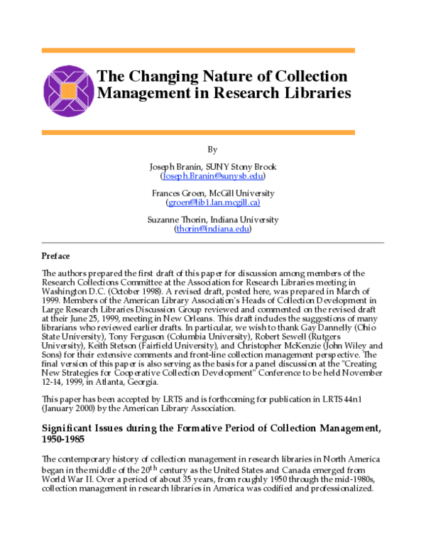 (PDF) The Changing Nature of Collection Management in Research Libraries