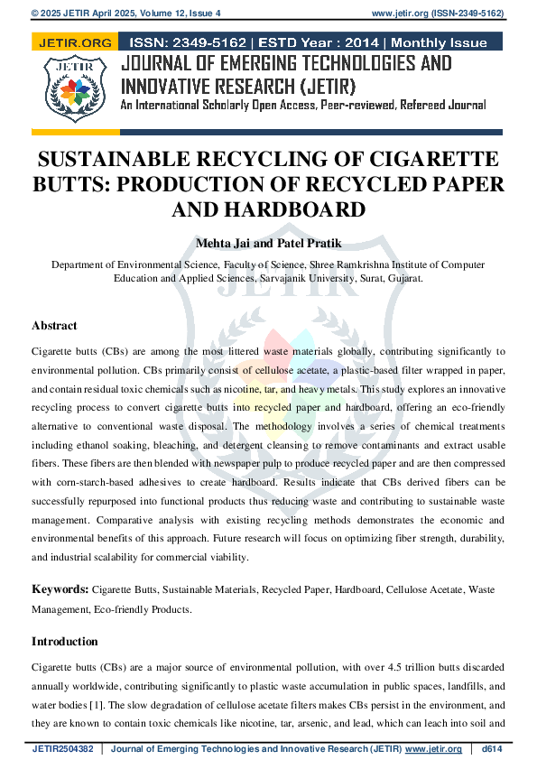 (PDF) SUSTAINABLE RECYCLING OF CIGARETTE BUTTS: PRODUCTION OF RECYCLED ...