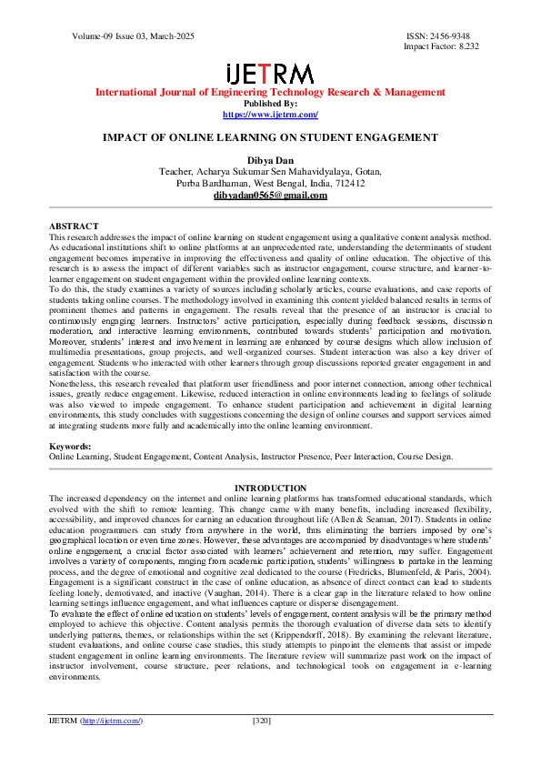 (PDF) IMPACT OF ONLINE LEARNING ON STUDENT ENGAGEMENT