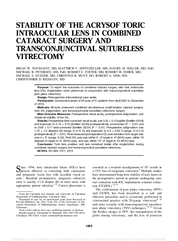 (PDF) Stability of the Acrysof Toric Intraocular Lens in Combined ...