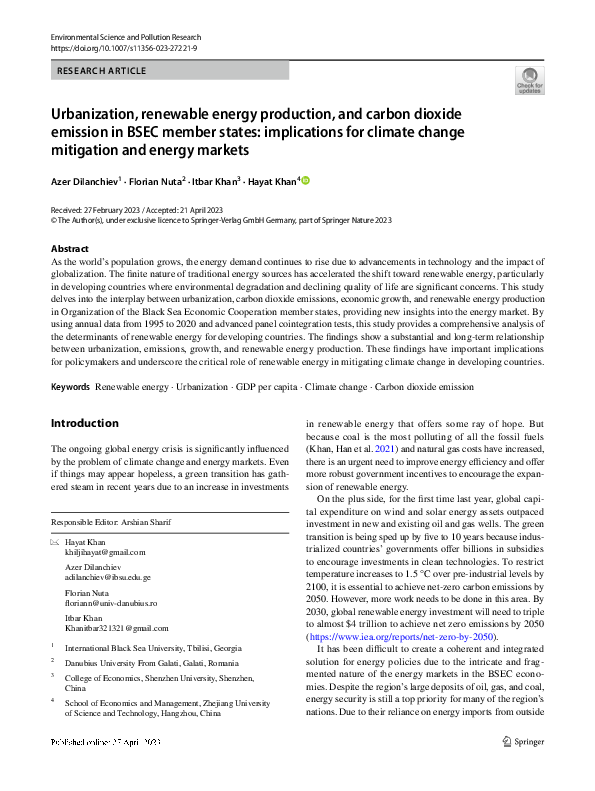 (PDF) Urbanization, renewable energy production, and carbon dioxide ...