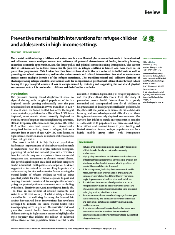 (PDF) Preventive mental health interventions for refugee children and ...