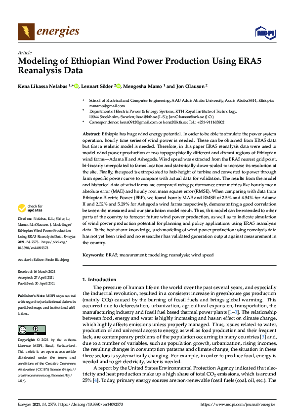 (PDF) Modeling of Ethiopian Wind Power Production Using ERA5 Reanalysis ...