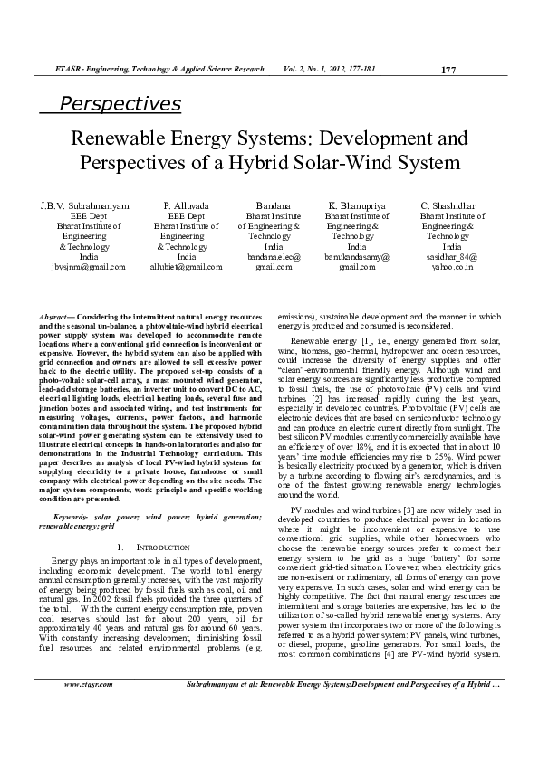 (PDF) Renewable Energy Systems: Development and Perspectives of a ...