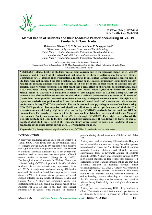 (PDF) Mental Health of Students and their Academic Performance during ...