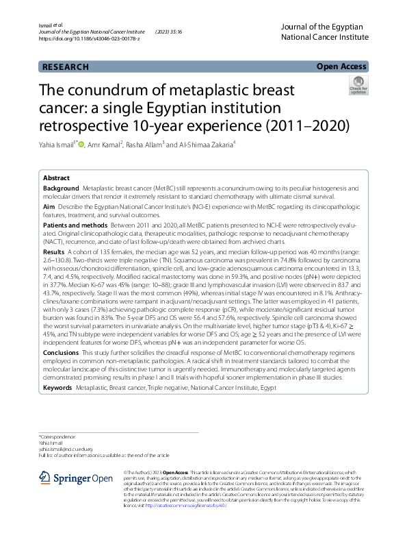 (PDF) The conundrum of metaplastic breast cancer: a single Egyptian ...