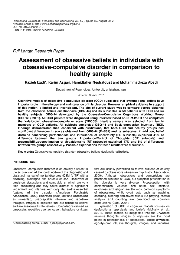 (PDF) Assessment of obsessive beliefs in individuals with obsessive ...