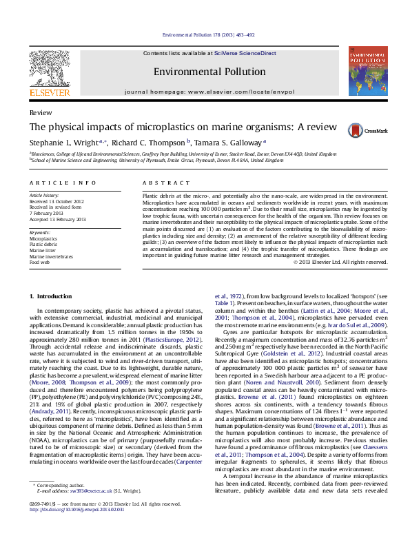 (PDF) The physical impacts of microplastics on marine organisms: A review