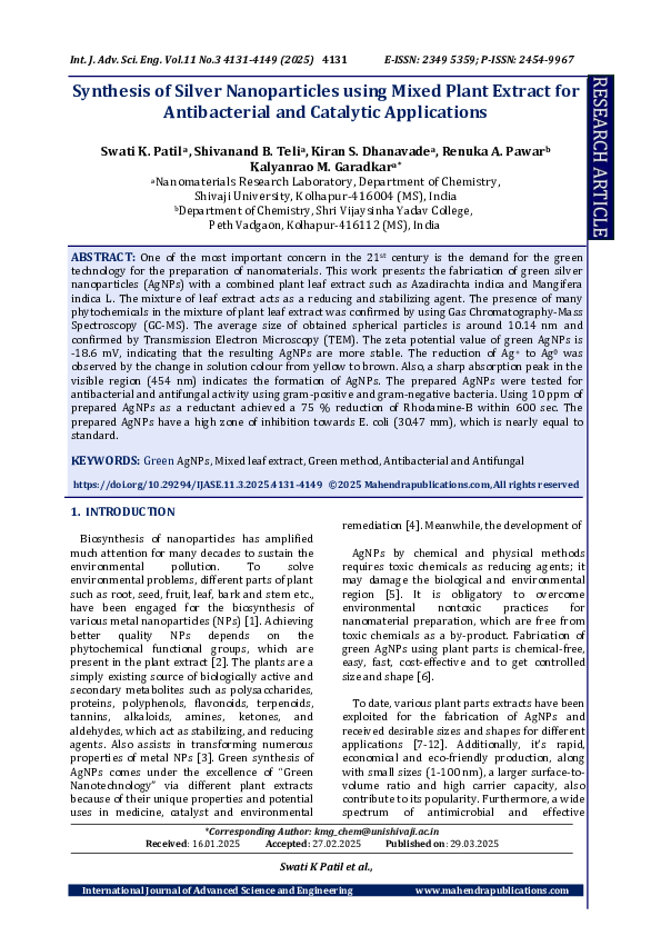 (PDF) Synthesis of Silver Nanoparticles using Mixed Plant Extract for ...