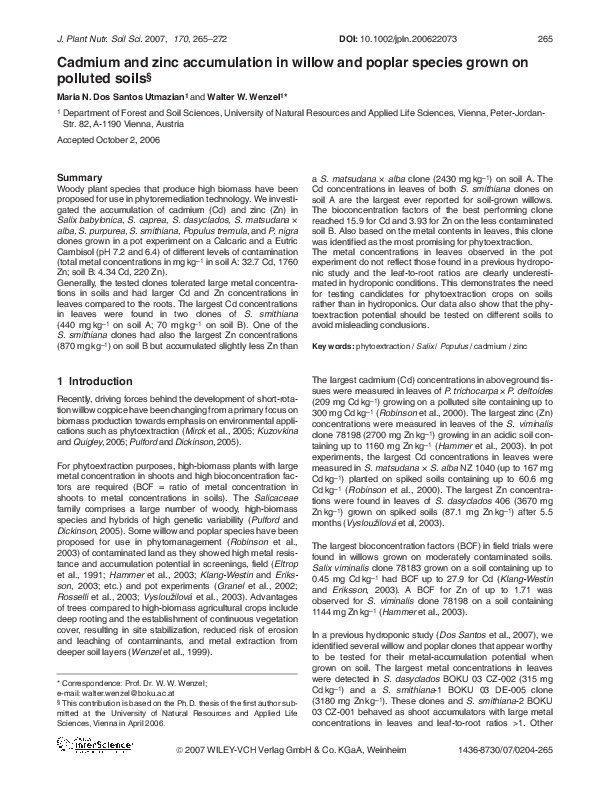 (PDF) Cadmium and zinc accumulation in willow and poplar species grown ...