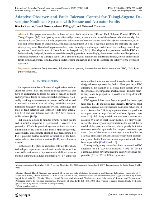 (PDF) Adaptive Observer and Fault Tolerant Control for Takagi-Sugeno ...
