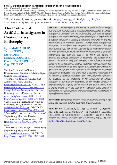 (PDF) The Problem of Artificial Intelligence in Contemporary Philosophy