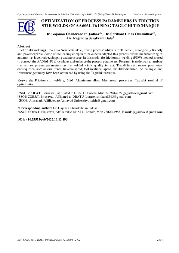 (PDF) OPTIMIZATION OF PROCESS PARAMETERS IN FRICTION STIR WELDS OF ...