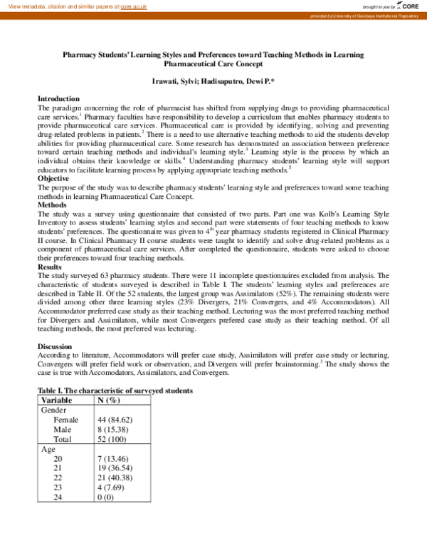 (PDF) Pharmacy Students Learning Styles and Preferences toward Teaching ...