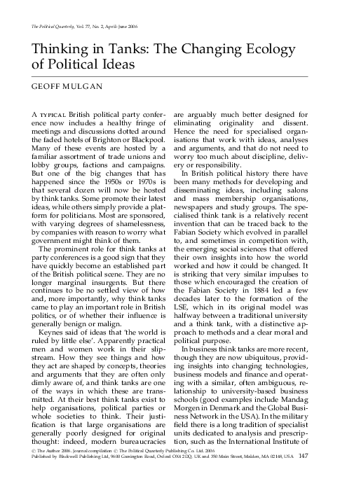 (PDF) Thinking in Tanks: The Changing Ecology of Political Ideas