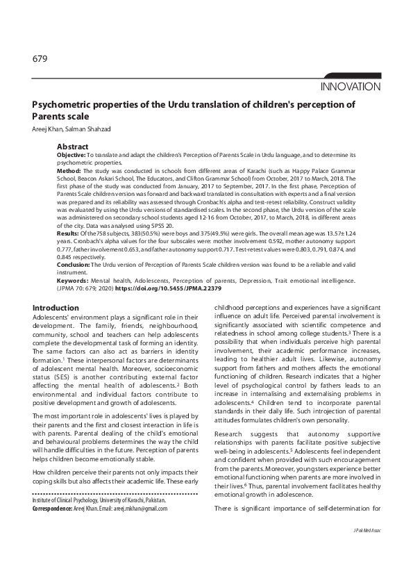 (PDF) Psychometric properties of the Urdu translation of children's ...