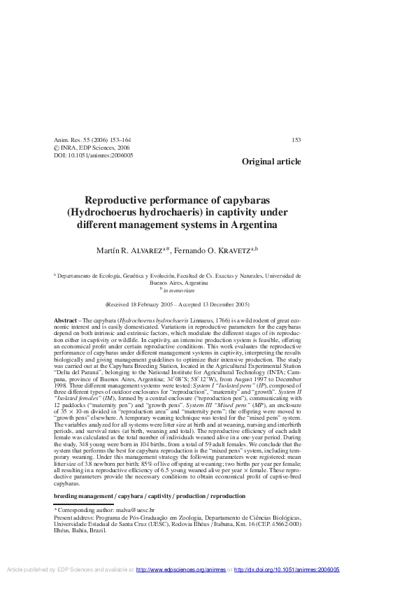 (PDF) Reproductive performance of capybaras (Hydrochoerus hydrochaeris ...