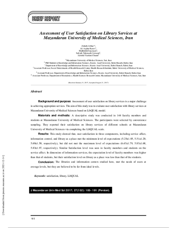 (PDF) Assessment of User Satisfaction on Library Services at Mazandaran ...