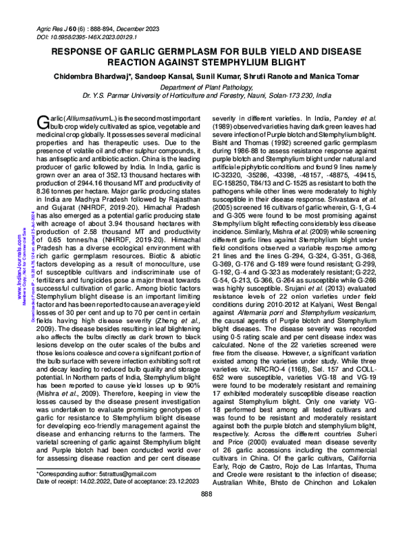(PDF) Response of Garlic Germplasm for Bulb Yield and Disease Reaction ...