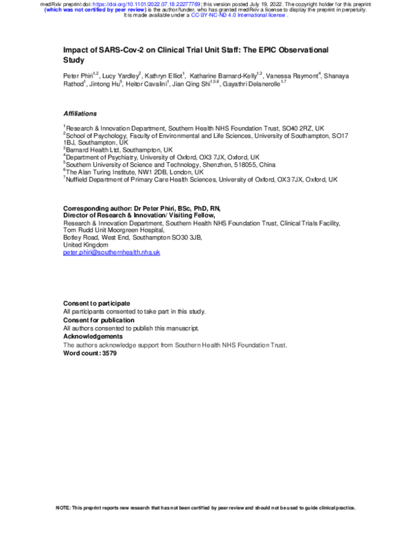 (PDF) Impact of SARS-Cov-2 on Clinical Trial Unit Staff: The EPIC ...