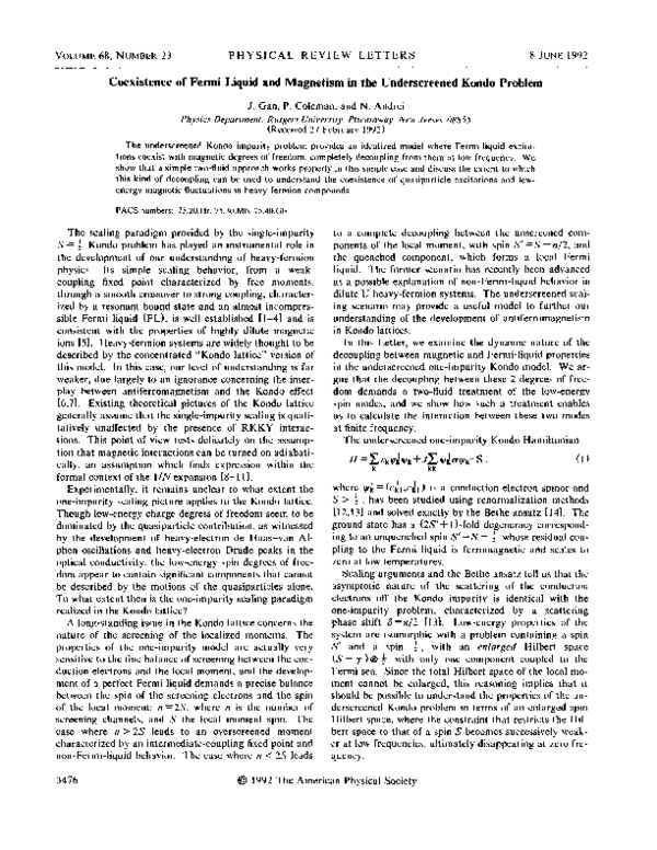(PDF) Coexistence of Fermi liquid and magnetism in the underscreened ...