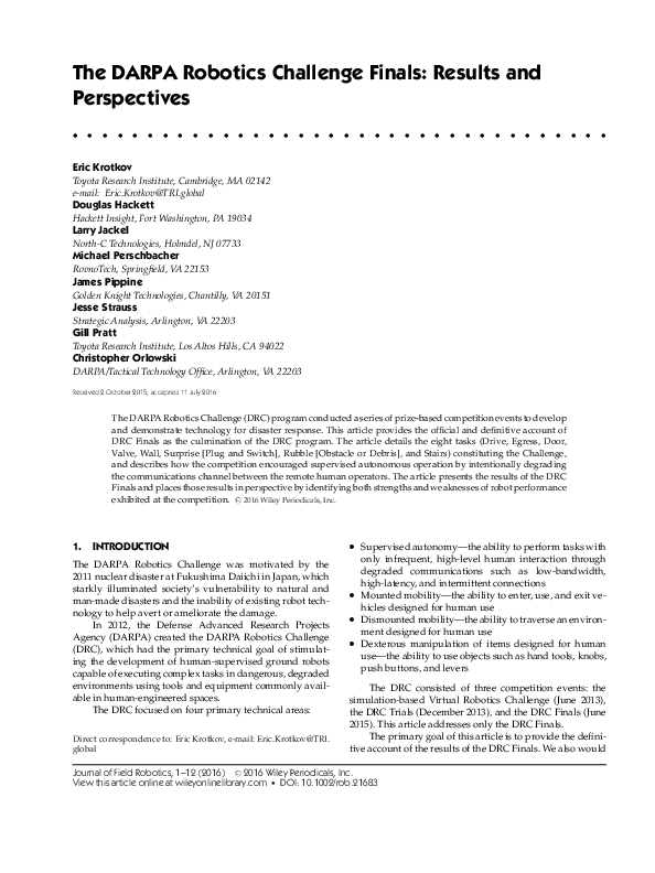 (PDF) The DARPA Robotics Challenge Finals: Results and Perspectives