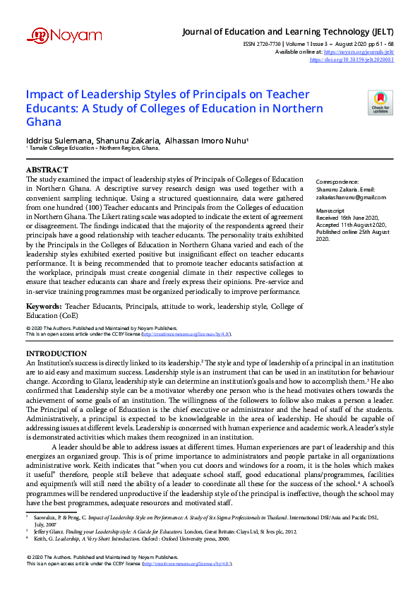 (PDF) Impact of Leadership Styles of Principals on Teacher Educants: A ...