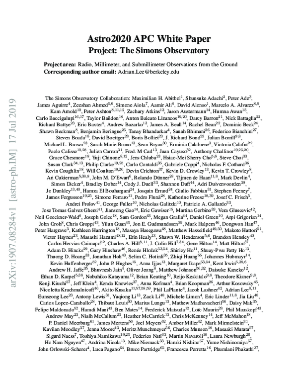 (PDF) The Simons Observatory: Astro2020 Decadal Project Whitepaper