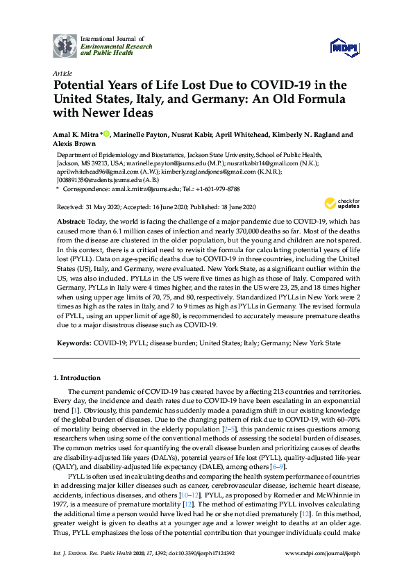 (PDF) Potential Years of Life Lost Due to COVID-19 in the United States ...